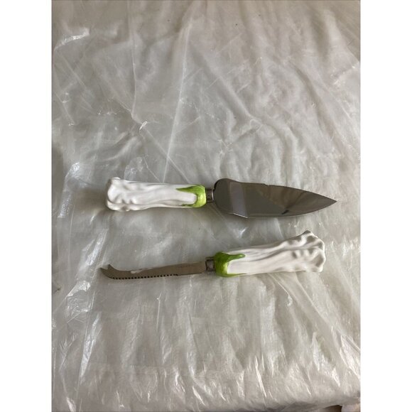 Wedding Cake Server & Knife Set White Rose Bud Floral Handles Stainless Steel - Picture 10 of 15